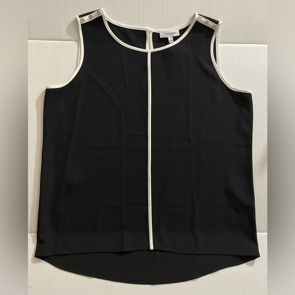 🆕 Calvin Klein CK Women's Sleeveless Black White Piping Trim Blouse Top L 12-14 - Picture 6 of 16